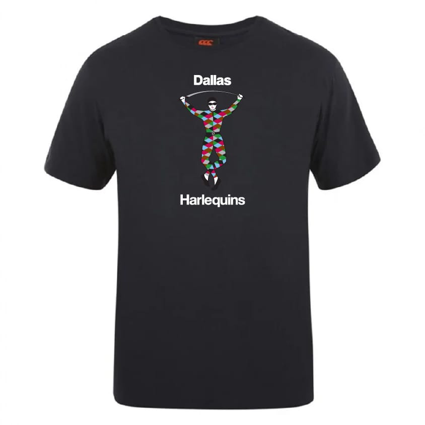 The Dallas Harlequins Club Plain Tee by WRS Canterbury features a vibrant harlequin figure between “Dallas” and “Harlequins,” crafted from a cotton-rich blend for comfort and perfect for customization.