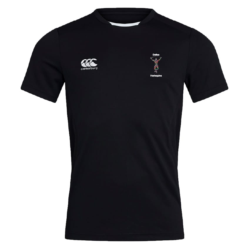 The Dallas Harlequins Club Dry Tee by EMB Canterbury is a black short-sleeve athletic shirt featuring logos on the chest and breathable Vapodri Technology for comfort.