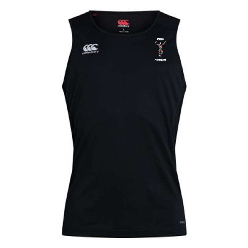 The Dallas Harlequins Club Dry Singlet by EMB Canterbury features Vapodri Technology, a white Canterbury logo on the right chest, and a Dallas Harlequins Rugby crest on the left—ideal athletic gear for performance and style.