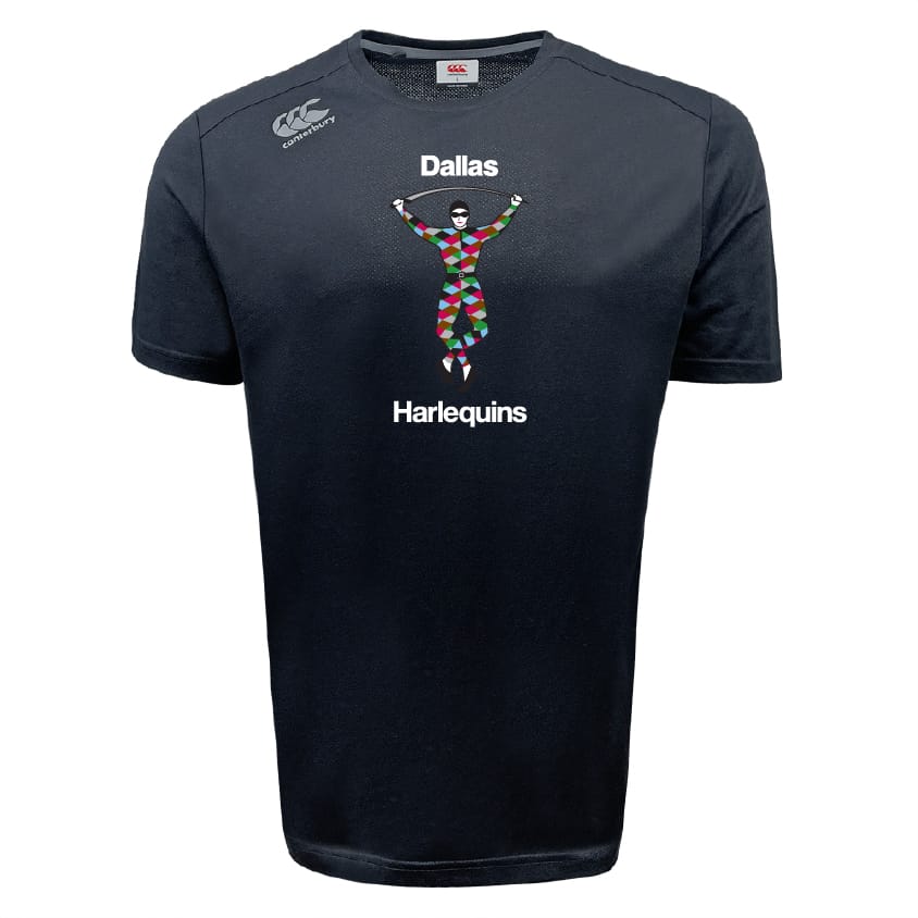 The Dallas Harlequins Tempo Vapodri T-Shirt by WRS Canterbury features a vibrant harlequin figure and "Dallas Harlequins" on the front, made with moisture-wicking fabric for all-day comfort.