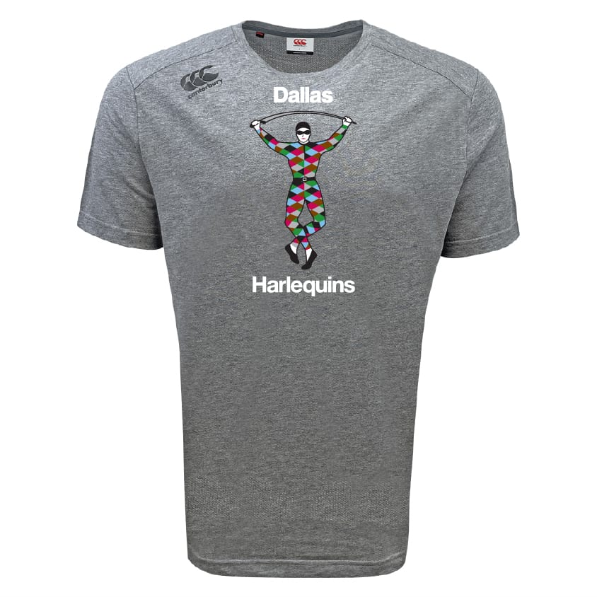 The Dallas Harlequins Tempo Vapodri T-Shirt by WRS Canterbury features a colorful harlequin graphic and “Dallas Harlequins” on the front, with advanced VapoDri moisture-wicking technology for comfort.