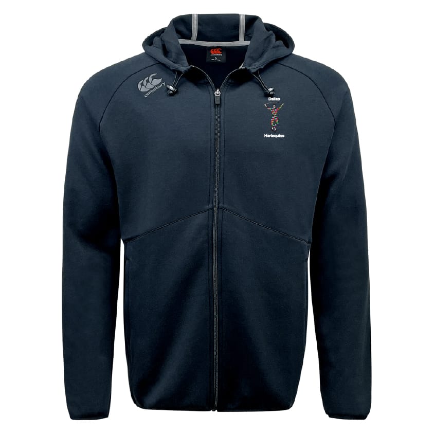 The Dallas Harlequins Tempo Vapodri Full-Zip Hoodie by EMB Canterbury is navy blue, features a hood, drawstrings, moisture-wicking Vapodri fabric, and embroidered Canterbury logos on the left chest and right shoulder.