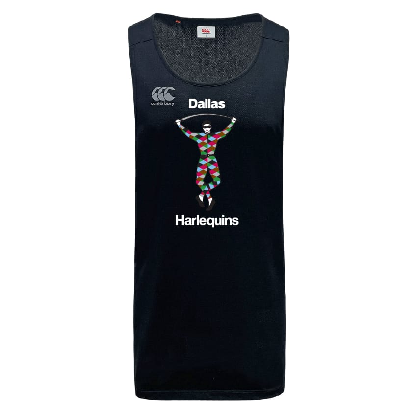 The Dallas Harlequins Tempo Vapodri Singlet by WRS Canterbury is a black sleeveless jersey with "Dallas Harlequins" text, a colorful harlequin figure, and Canterbury logo on front. Features VapoDri tech for breathability.
