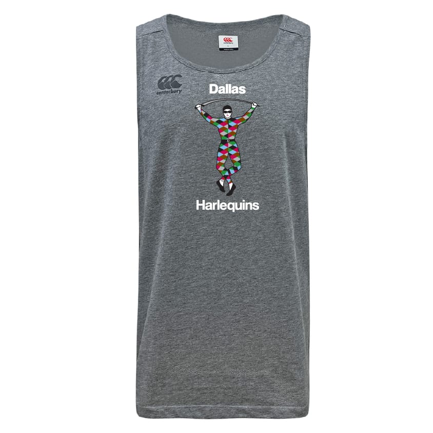 The Dallas Harlequins Tempo Vapodri Singlet by WRS Canterbury is a grey, sleeveless athletic shirt made from recycled polyester, featuring VapoDri tech and a colorful harlequin figure with "Dallas Harlequins" on the front.