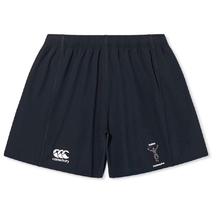 The Dallas Harlequins Yokohama Short by EMB Canterbury is a pair of black rugby shorts with an elastic waistband, featuring Canterbury and Dallaglio Foundation logos on the front, made from durable fabric for comfort.
