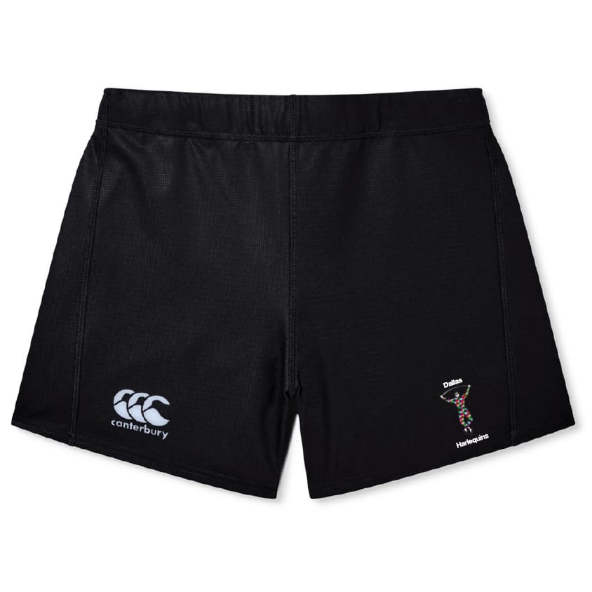 The Dallas Harlequins Women's Yokohama Short by EMB Canterbury features Vapodri fabric for comfort and performance, with the Canterbury logo on the left leg and the Harlequins rugby club logo on the right.