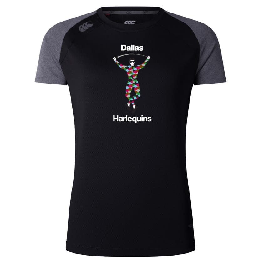 The Dallas Harlequins Women's Elite Training Tee by WRS Canterbury features black and gray colors, "Dallas Harlequins" text, a colorful harlequin figure, and is made from lightweight recycled polyester for comfort.