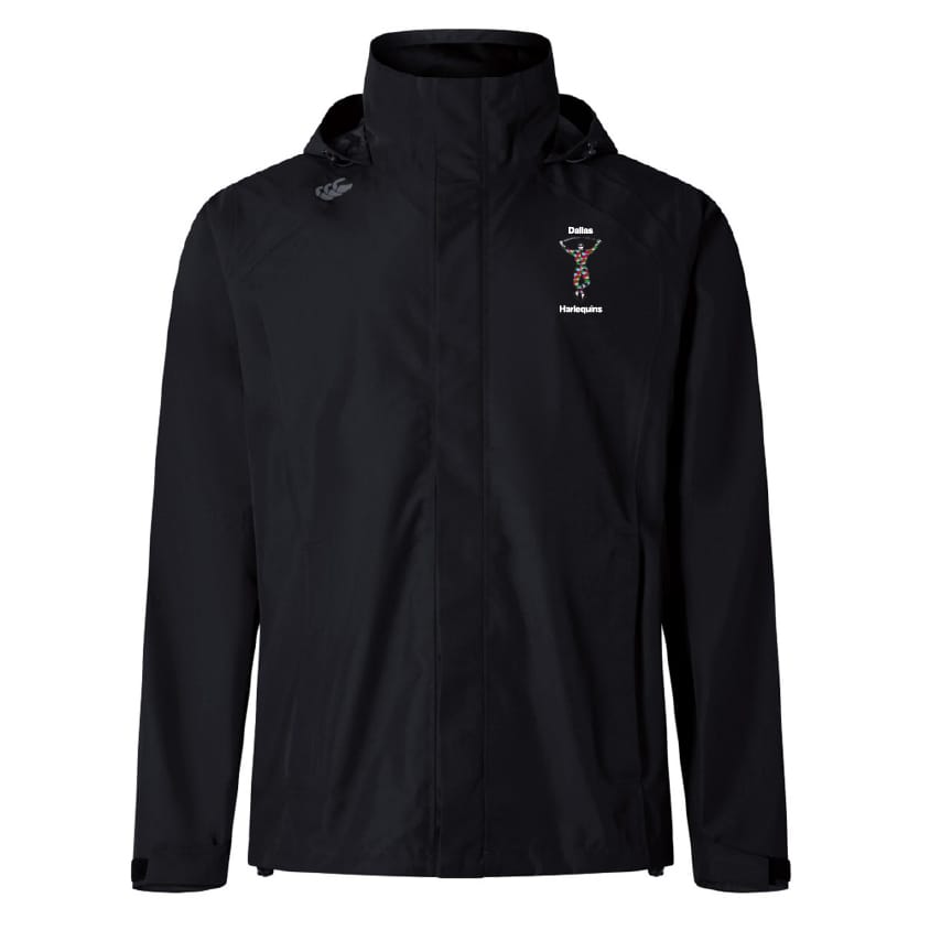 The Dallas Harlequins Elite Storm Jacket by Canterbury from EMB Canterbury is a plain black jacket with a small embroidered design and "Dallas Harlequins" text on the left chest.