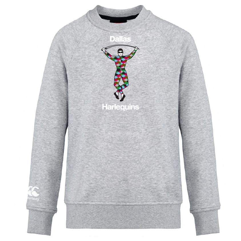 The Dallas Harlequins Club Crew Sweatshirt by WRS Canterbury features a gray ultra-soft fabric, colorful jester front graphic, "Dallas" above, "Harlequins" below, and the Kukri logo on the left sleeve—comfort and style for fans.