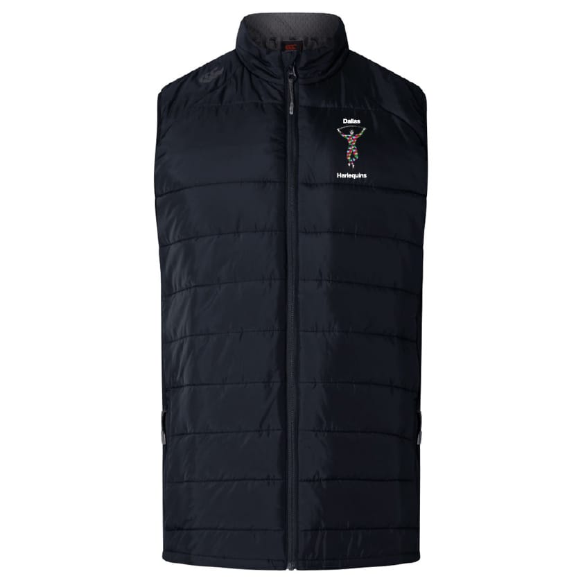 The Dallas Harlequins Elite Microlite Gilet by Canterbury is a black, quilted, sleeveless vest with Thermoreg fleece, a zip-up front, and an embroidered "Dallas Harlequins" logo on the left chest. Brand: EMB Canterbury.
