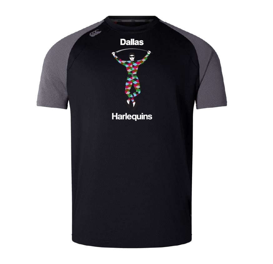The Dallas Harlequins Elite Training Tee by WRS Canterbury is a black and gray short-sleeve sports shirt with Vapodri fabric, "Dallas" and "Harlequins" text, plus a colorful harlequin figure on the front.