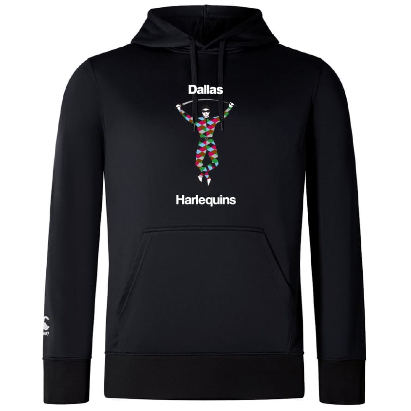 The Dallas Harlequins Club Lightweight Hoodie by Canterbury features a colorful harlequin figure between "Dallas" and "Harlequins," a kangaroo pocket, lightweight polyester hood, and WRS Canterbury branding.