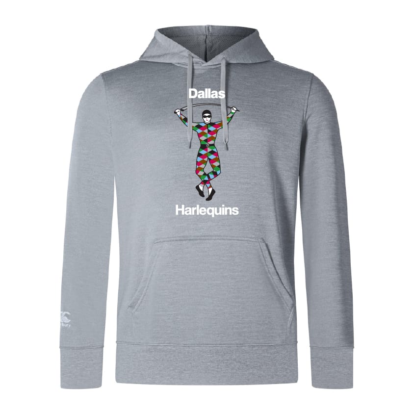 The Dallas Harlequins Club Lightweight Hoodie by WRS Canterbury features a Harlequin graphic with "Dallas" above and "Harlequins" below, plus a handy kangaroo pocket.