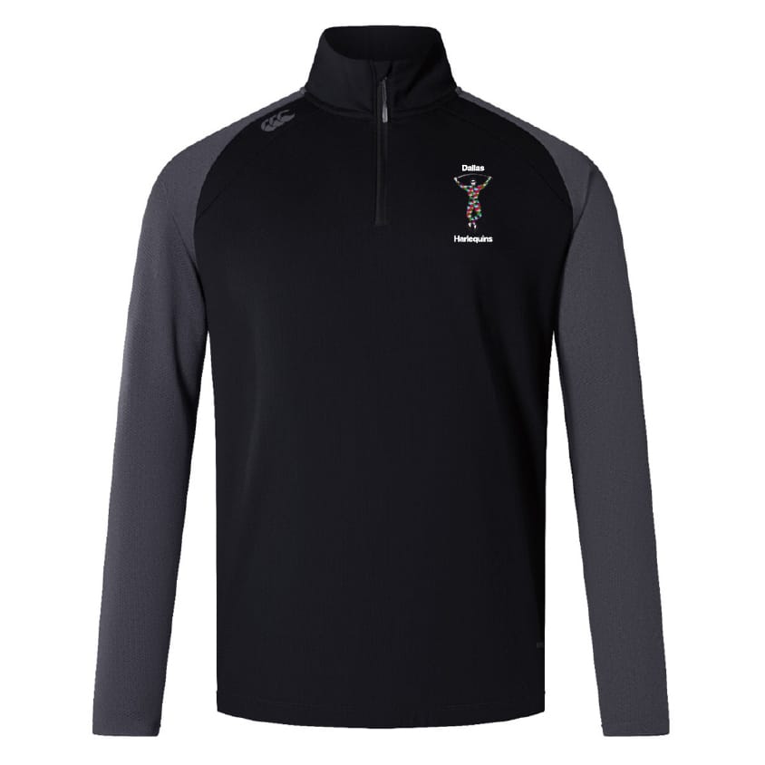 The Dallas Harlequins Elite First Layer by Canterbury from EMB Canterbury is a black and dark gray long-sleeve quarter-zip top with an embroidered logo and "Dallas Harlequins" text, ideal for rugby training with its quick-drying fabric.