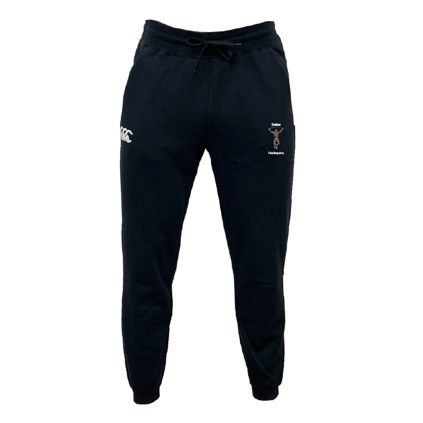 The Dallas Harlequins Leisure Sweatpant by EMB Canterbury is crafted from recycled polyester fleece, with a drawstring waist, white logo on the left thigh, and an embroidered motif on the right thigh, shown against a plain white background.