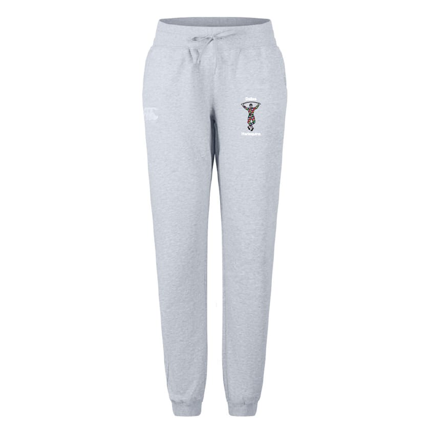 The Dallas Harlequins Women's Leisure Sweatpant by EMB Canterbury is a light gray organic cotton pant with a drawstring waist, small colorful graphic and text on the left thigh, and fitted ankle cuffs for comfort.