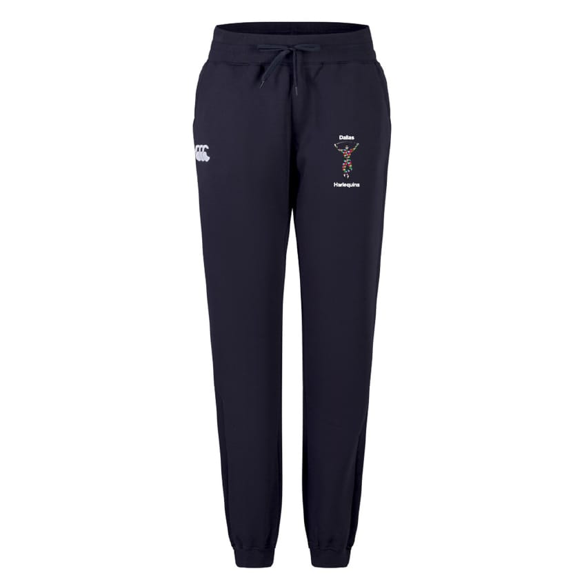 The Dallas Harlequins Women's Leisure Sweatpant by EMB Canterbury is a navy blue organic cotton sweatpant with a drawstring waist, elastic cuffs, and features logos and text on the upper left thigh and right hip.