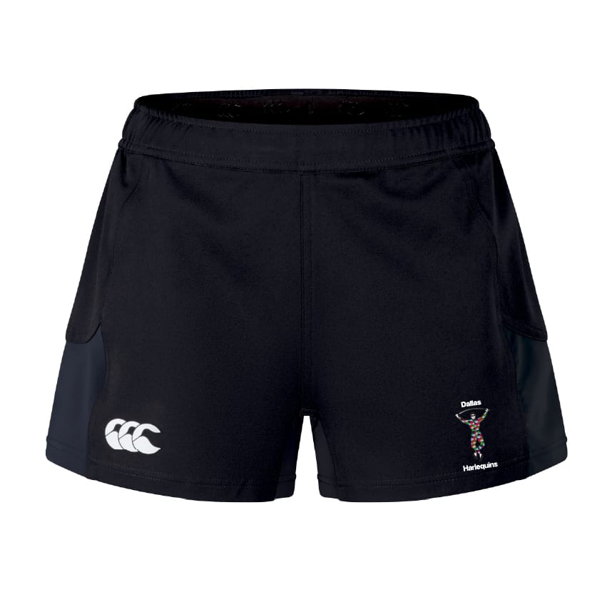 The EMB Canterbury Dallas Harlequins Women's Advantage Short 2.0 features a white Canterbury logo on the left leg and a multicolored Dallas Harlequins rugby club logo on the right, made with recycled materials for performance and sustainability.