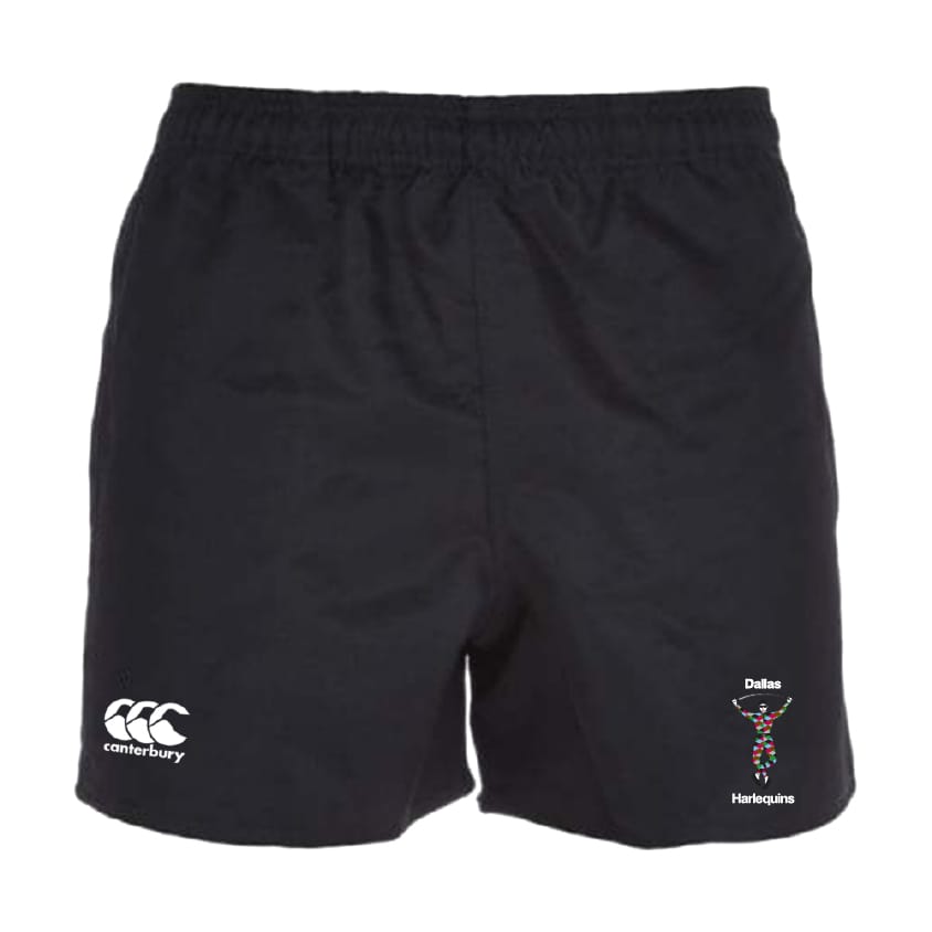 The Dallas Harlequins Professional Polyester Rugby Short by EMB Canterbury features an elastic waistband and displays the Canterbury logo on the left leg and the Dallas Harlequins logo on the right.