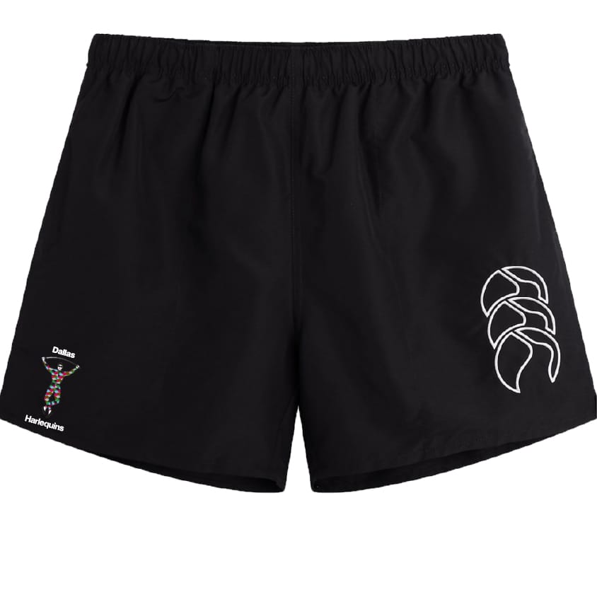 The Dallas Harlequins Tactic Short by EMB Canterbury features a white abstract logo on the right leg and a multicolored Dallas Harlequins emblem on the left. These lightweight men's rugby shorts offer comfort and sporty style.