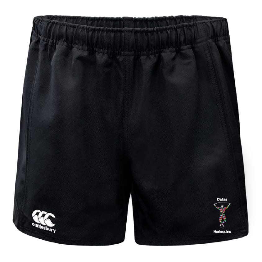 The Dallas Harlequins Advantage Rugby Shorts by EMB Canterbury feature an elastic waistband, moisture-wicking fabric, and display both the Dallas Harlequins emblem and the iconic Canterbury logo.