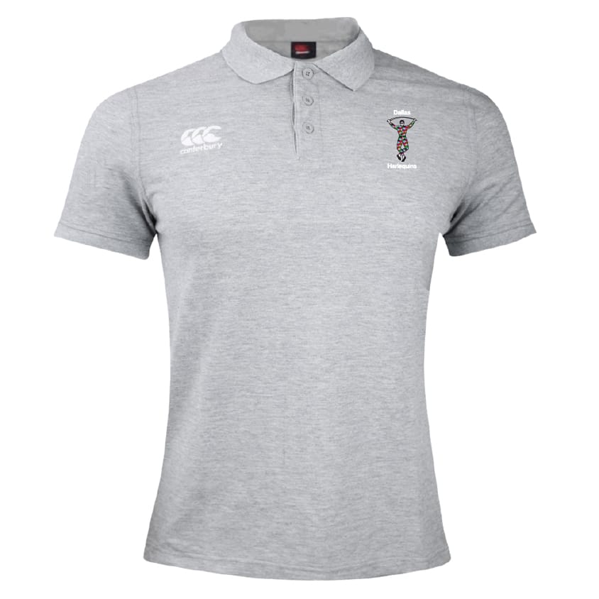 The Dallas Harlequins Waimak Polo by EMB Canterbury is a light grey, short-sleeve rugby polo with a collar, made from a cotton-polyester blend. It features the Canterbury logo on the right chest and an embroidered patterned logo on the left chest.