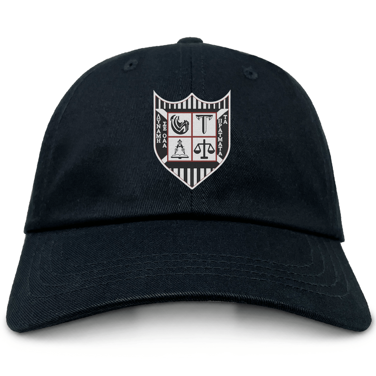 The Troy University Rugby Adult Low-Profile Cotton Twill Dad Cap by EMB S&S Activewear features a black twill build, a crest with various symbols, embroidered team branding, and vertical stripes on the front.