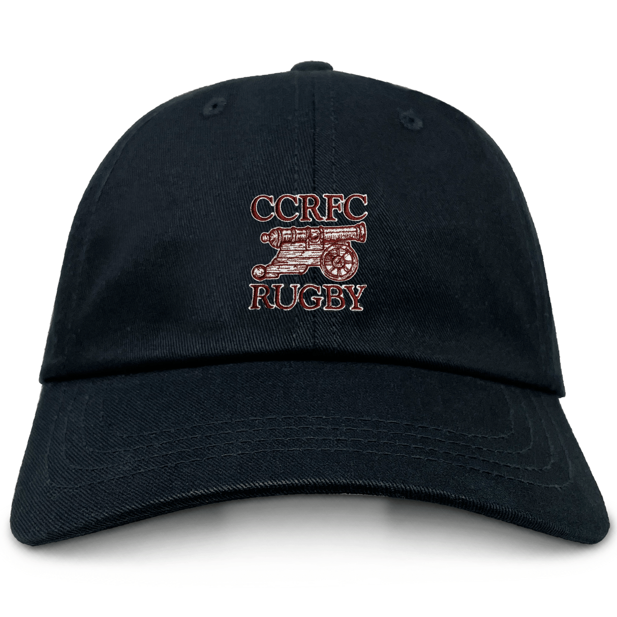 The EMB S&S Activewear Concord Carlisle Rugby Adult Low-Profile Cotton Twill Dad Cap is black with “CCRFC Rugby” and a cannon graphic embroidered in bold red and white thread on the front.