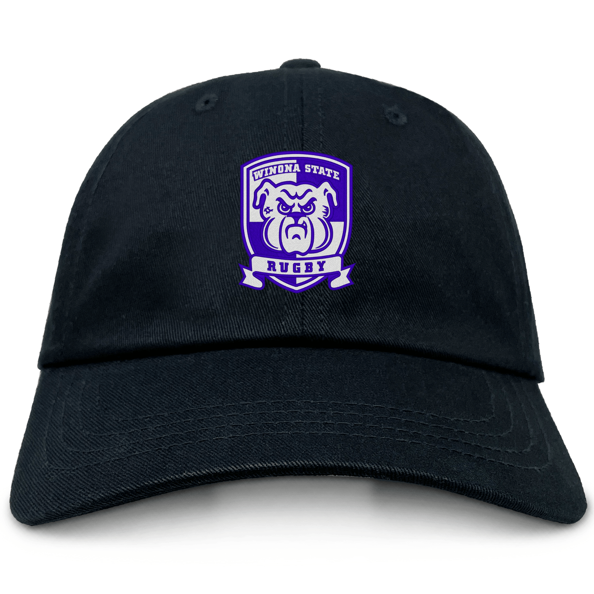 The EMB S&S Activewear Winona State University Adult Low-Profile Cotton Twill Dad Cap is black and features the Winona State Rugby shield logo with a stylized warrior face and bold "Winona State Rugby" text.