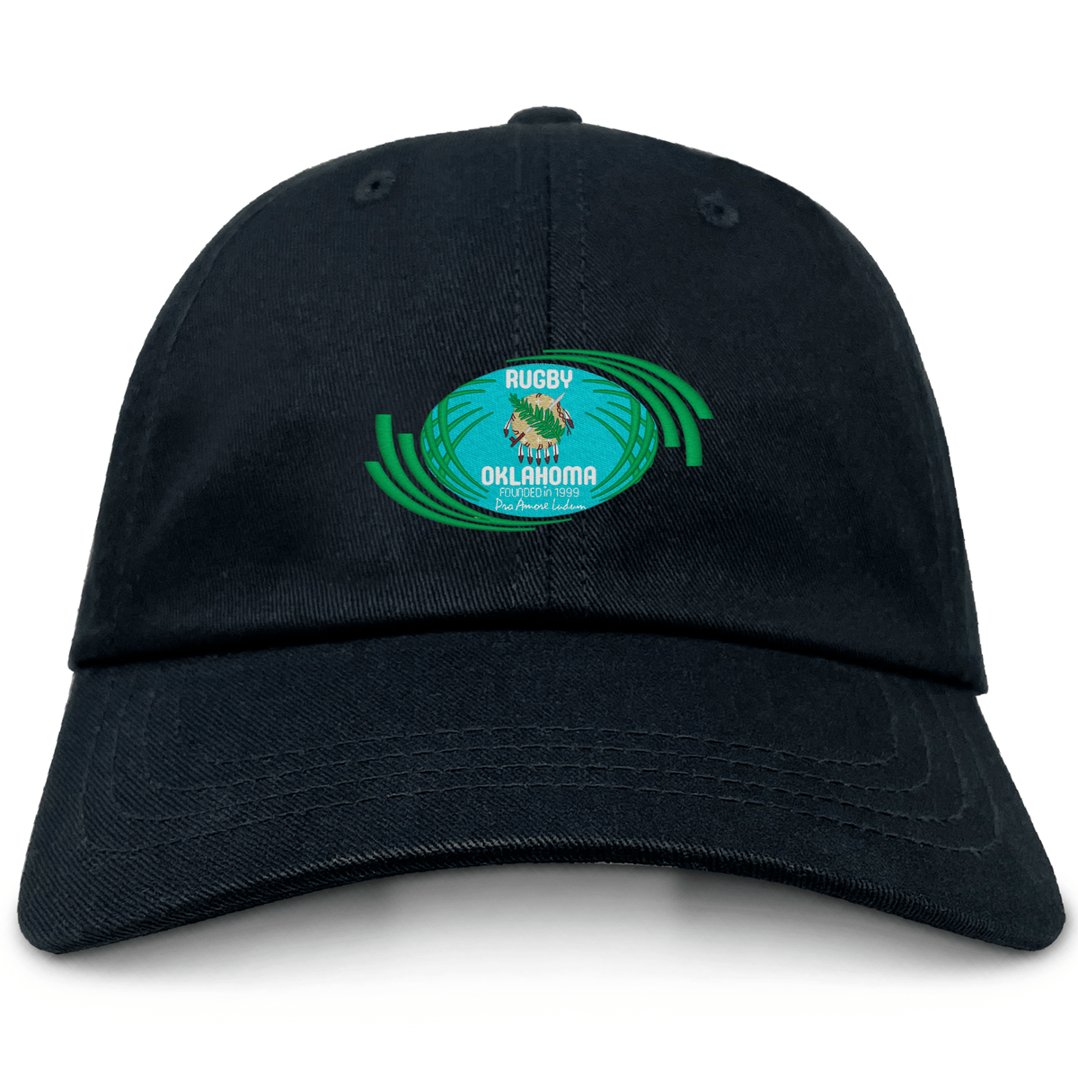 The Rugby Oklahoma Adult Low-Profile Cotton Twill Dad Cap by EMB S&S Activewear features black cotton twill and an embroidered circular green and blue Rugby Oklahoma logo with text and a rugby ball on the front.