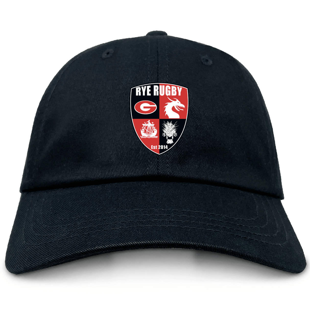 The Rye High School Rugby Adult Low-Profile Cotton Twill Dad Cap by EMB S&S Activewear features an embroidered multi-colored "Rye Rugby" crest with a dragon, lion, rugby post, and "Est 2014" on the front.