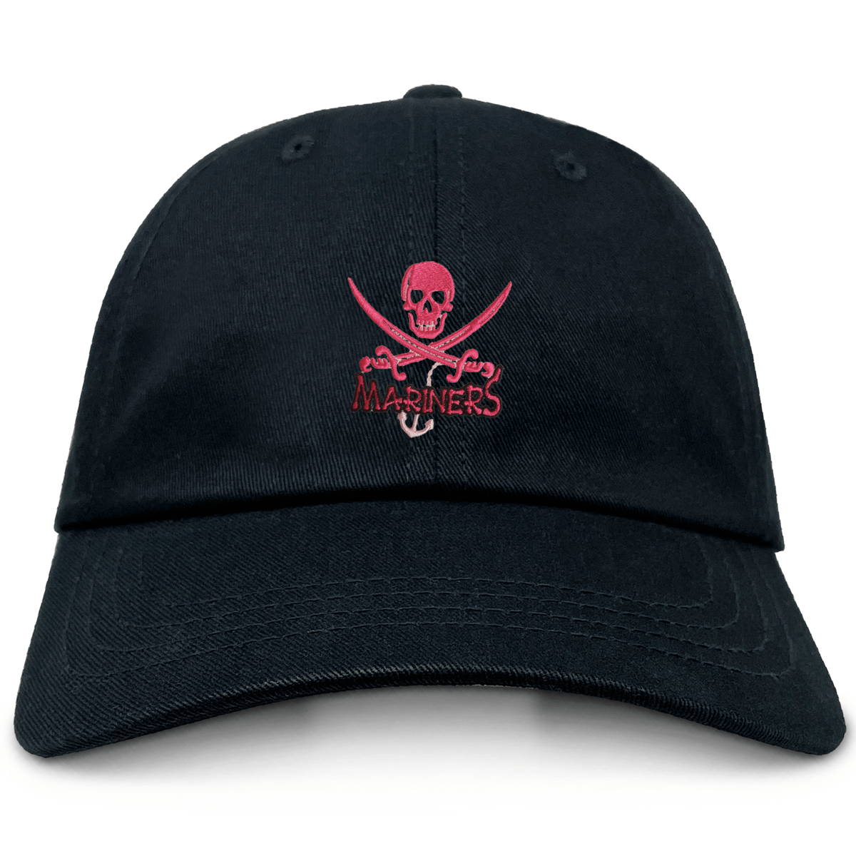 The SUNY Maritime Adult Low-Profile Cotton Twill Dad Cap by EMB S&S Activewear is black with a bold red embroidered skull and crossed swords above "Mariners" on the front.