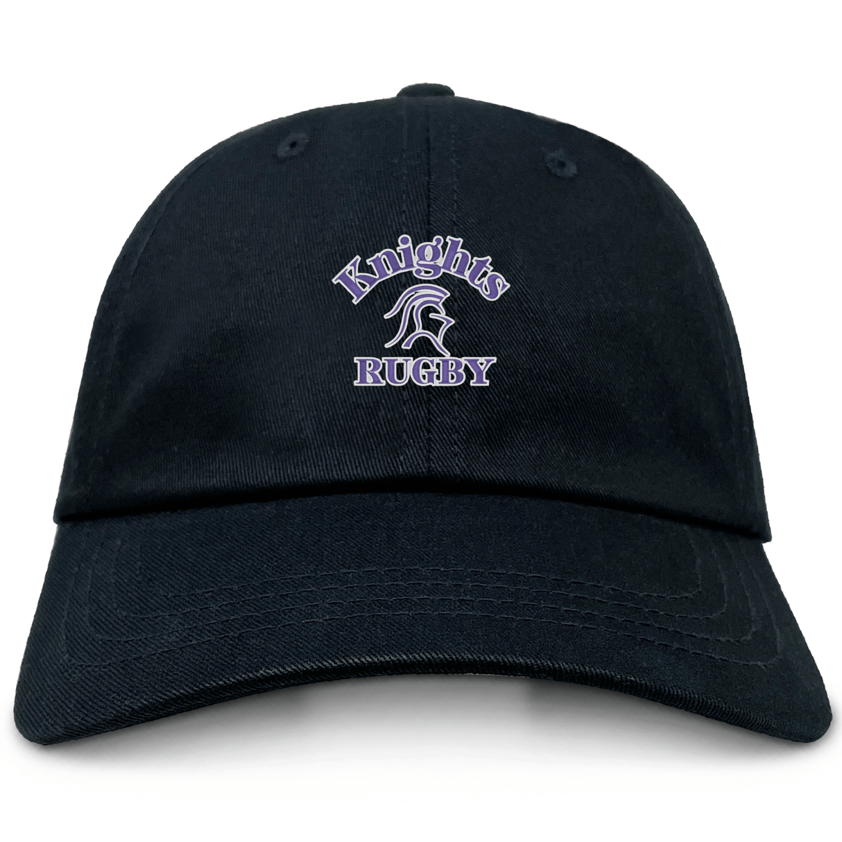 The Ardrey Kell Rugby Adult Low-Profile Cotton Twill Dad Cap by EMB S&S Activewear features "Knights Rugby" and a knight helmet logo embroidered in purple and white on the front.