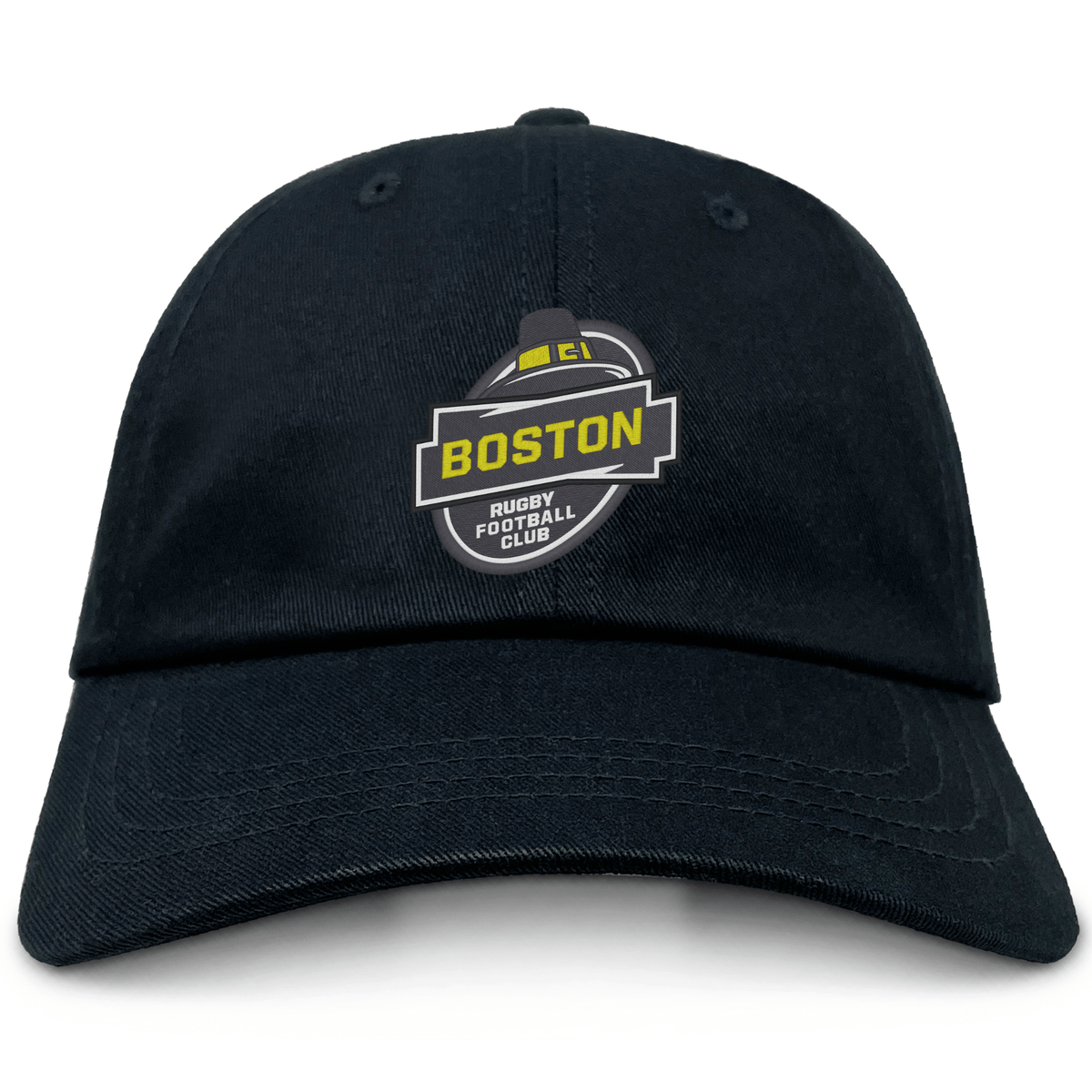 The Boston RFC Adult Low-Profile Cotton Twill Dad Cap by EMB S&S Activewear features embroidered Boston Rugby Football Club branding on the front.