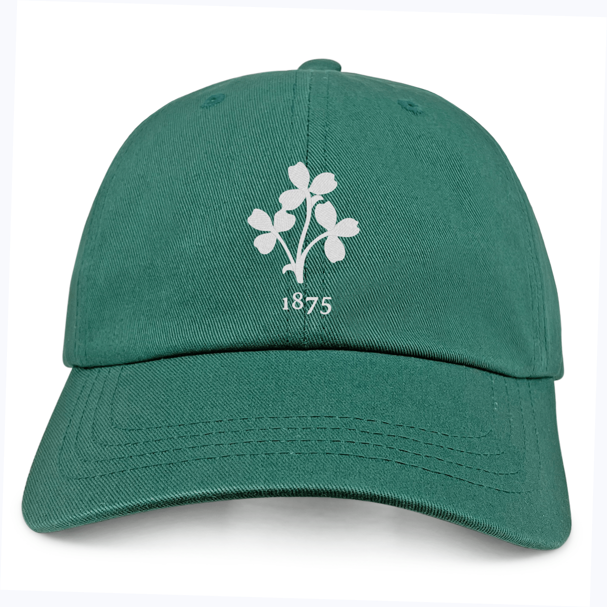 The Nations of Rugby Ireland Vintage Dad Cap by EMB S&S Activewear features an embroidered white clover leaf and "1875" design for a classic Irish vintage look.