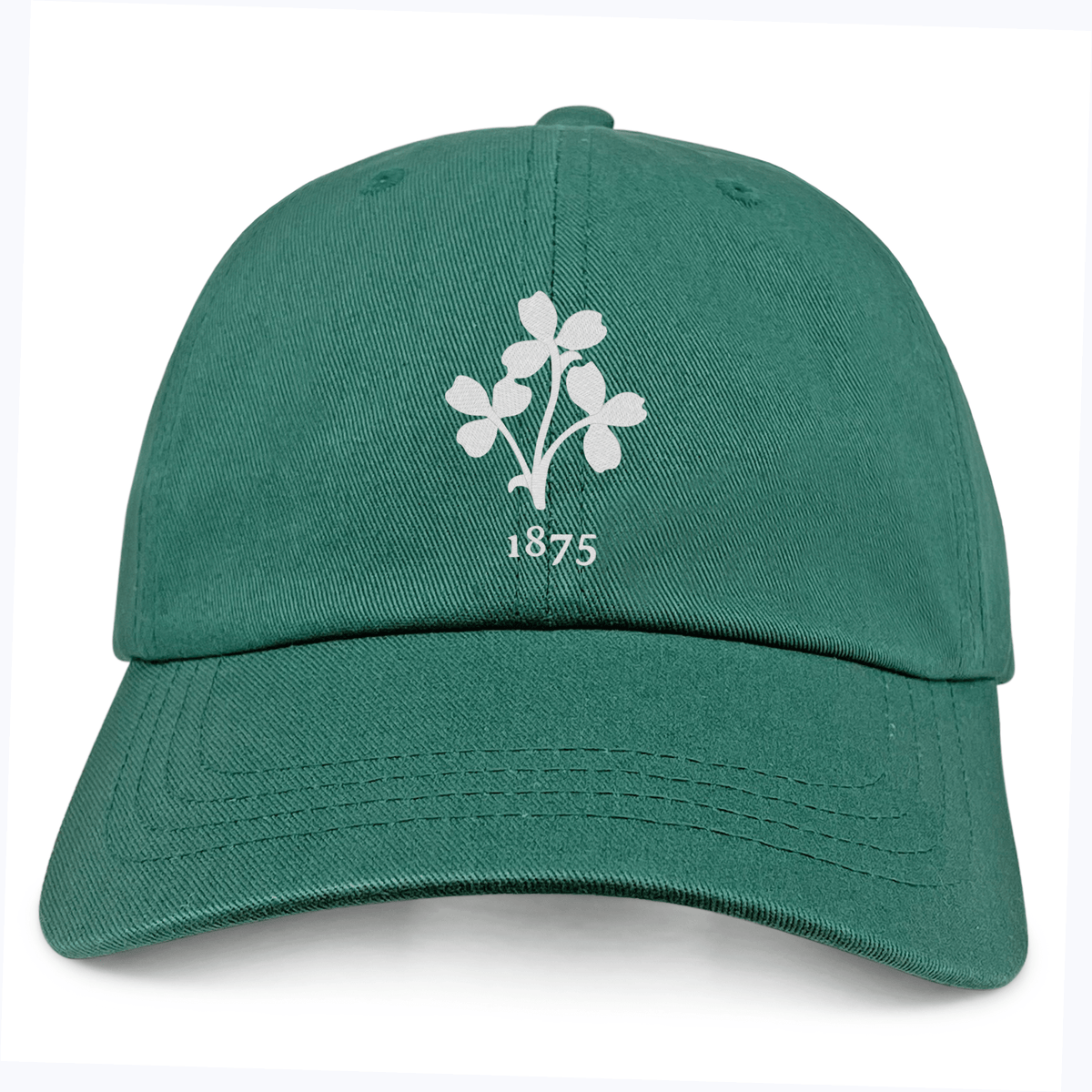 The Nations of Rugby Ireland Vintage Dad Cap by EMB S&S Activewear features an embroidered white clover leaf and "1875" design for a classic Irish vintage look.
