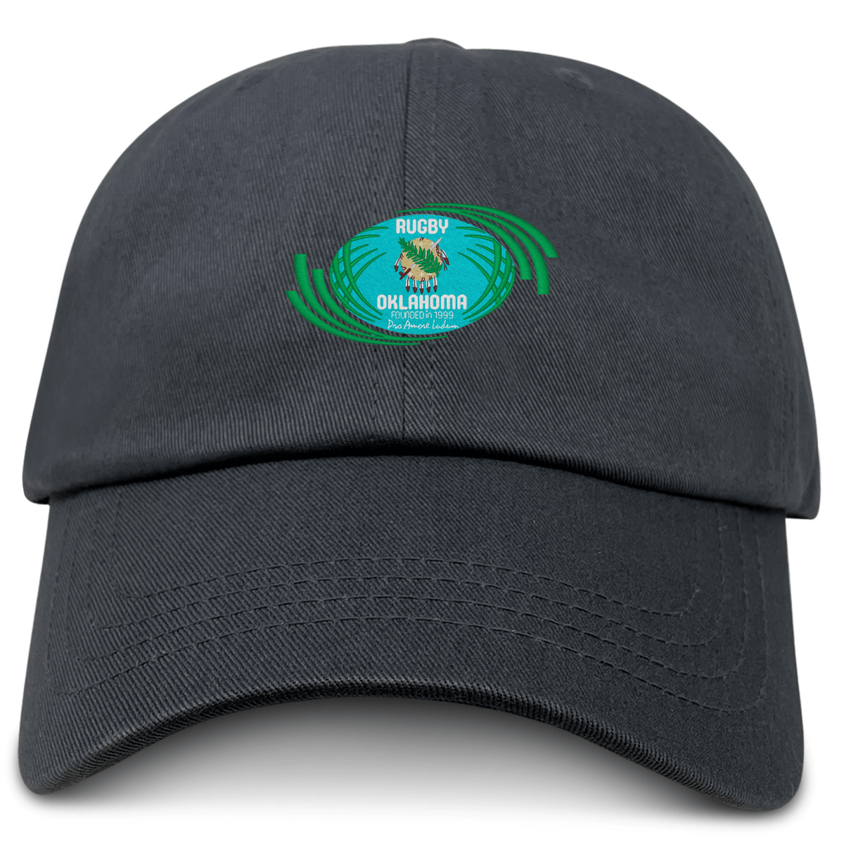 The EMB S&S Activewear Rugby Oklahoma Adult Low-Profile Cotton Twill Dad Cap is black, featuring a green and blue embroidered Rugby Oklahoma logo on the front.