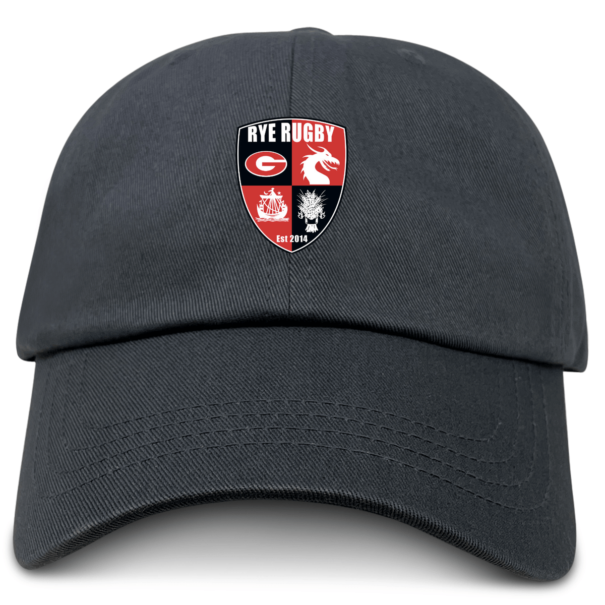 The Rye High School Rugby Adult Low-Profile Cotton Twill Dad Cap by EMB S&S Activewear features an embroidered "Rye Rugby" shield logo with symbols and "EST 2014" on the front.