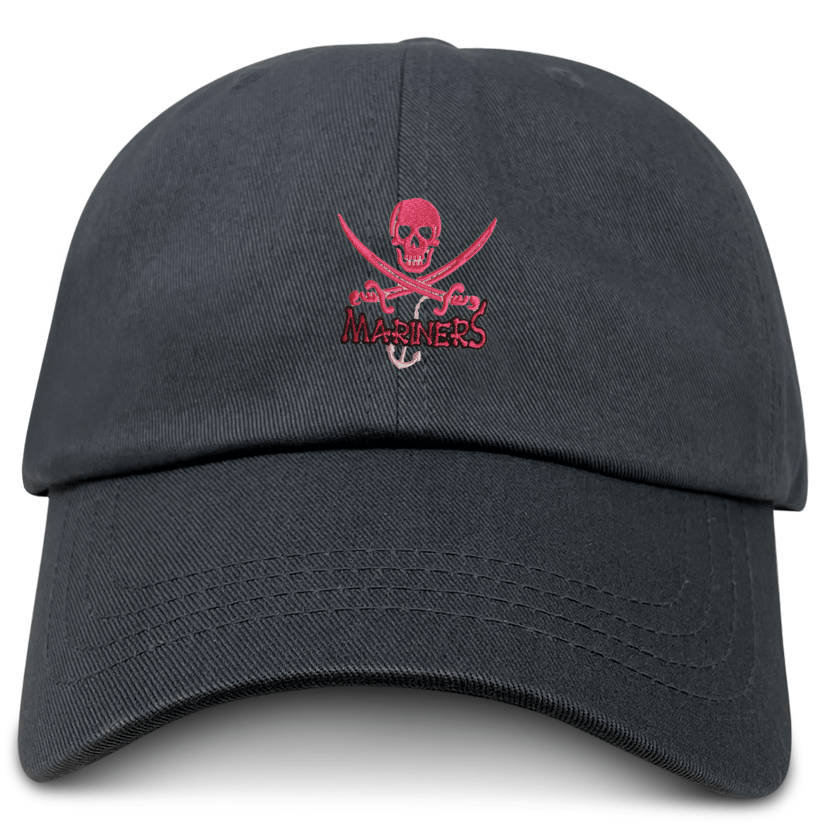 The EMB S&S Activewear SUNY Maritime Adult Low-Profile Cotton Twill Dad Cap is black with a red skull and crossbones above "Mariners" embroidered on the front.