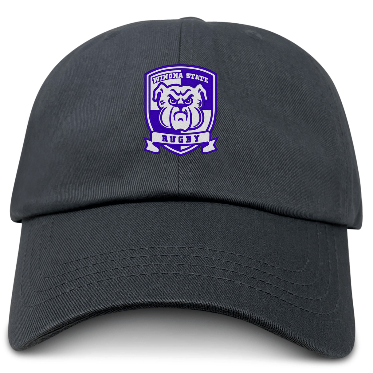 The EMB S&S Activewear Winona State University Adult Low-Profile Cotton Twill Dad Cap features a black design with a purple and white "Winona State Rugby" bulldog logo, perfect for showcasing your team spirit.