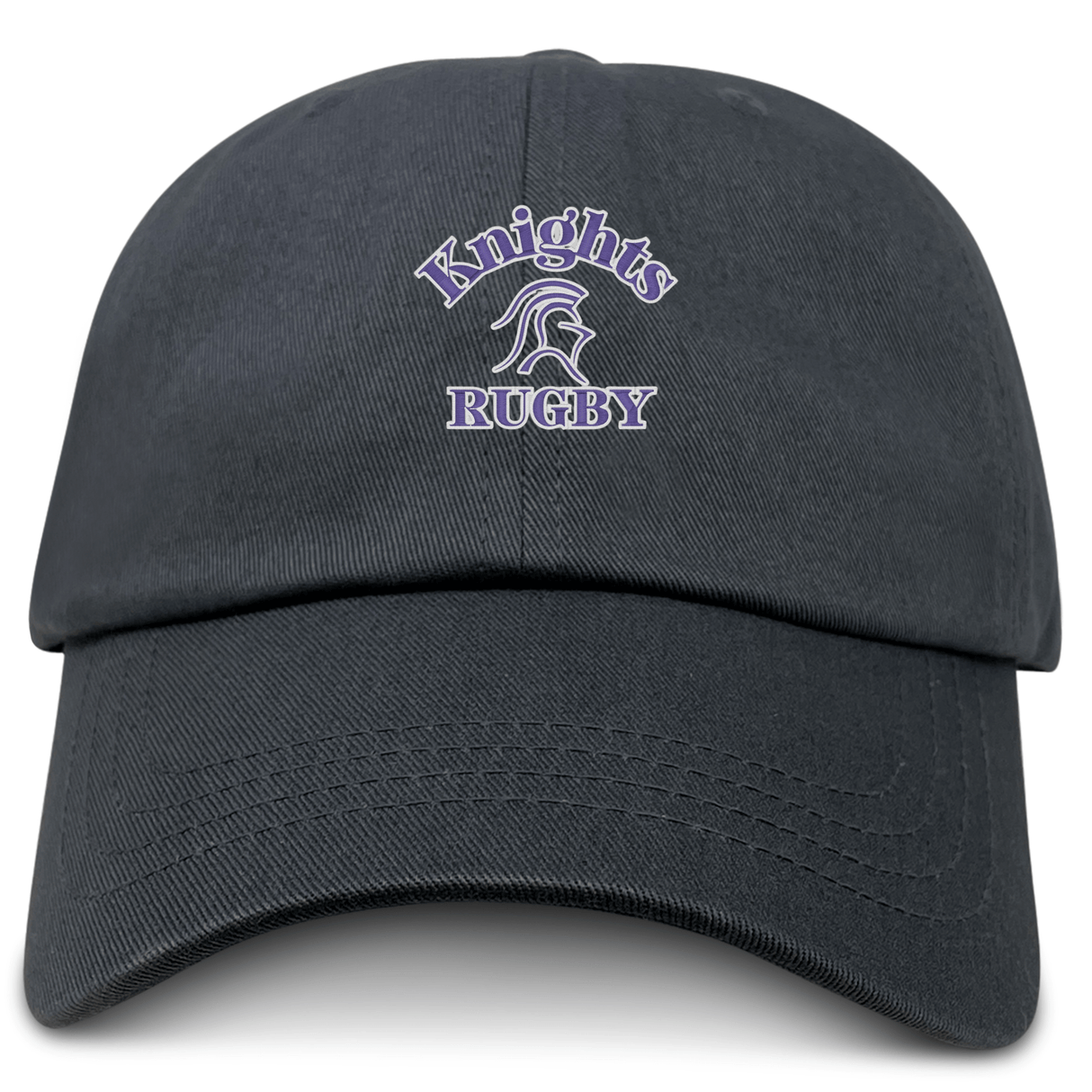 The Ardrey Kell Rugby Adult Low-Profile Cotton Twill Dad Cap by EMB S&S Activewear features a black cotton twill design with an embroidered white and purple "Knights Rugby" logo and knight helmet on the front.