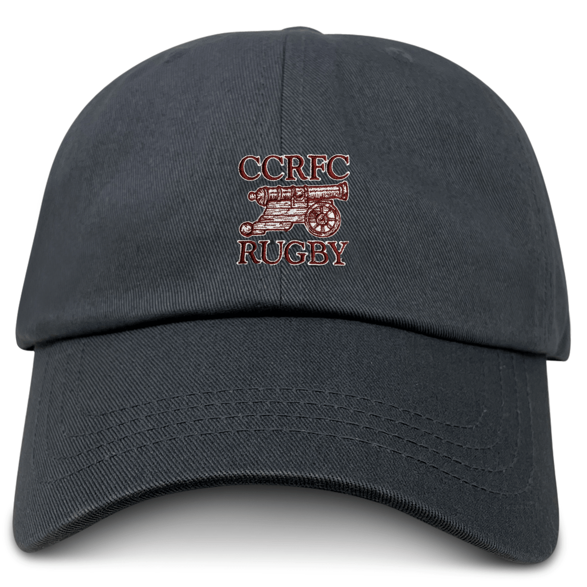 The Concord Carlisle Rugby Adult Low-Profile Cotton Twill Dad Cap by EMB S&S Activewear features a classic black design with embroidered "CCRFC RUGBY" and a cannon graphic on the front.