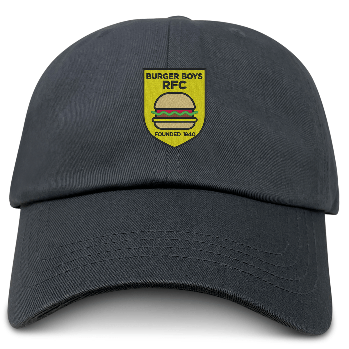 The EMB S&S Activewear Burger Boys RFC Adult Low-Profile Cotton Twill Dad Cap is black, with an embroidered yellow shield logo, burger illustration, and "BURGER BOYS RFC Founded 1940" text.