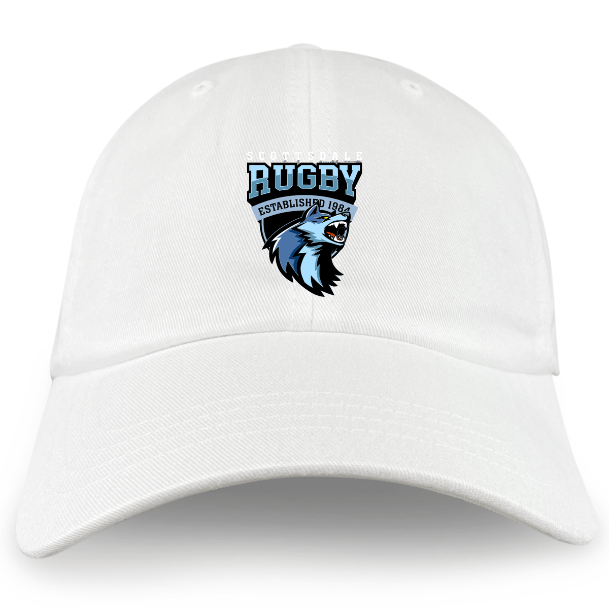 The Scottsdale Rugby Adult Low-Profile Cotton Twill Dad Cap by EMB S&S Activewear features embroidered team branding with a wolf head logo and "Rugby Established 1964" on the front.