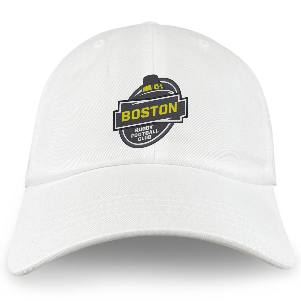 The EMB S&S Activewear Boston RFC Adult Low-Profile Cotton Twill Dad Cap features white cotton twill and embroidered black, yellow, and white "Boston Rugby Football Club" branding on the front.