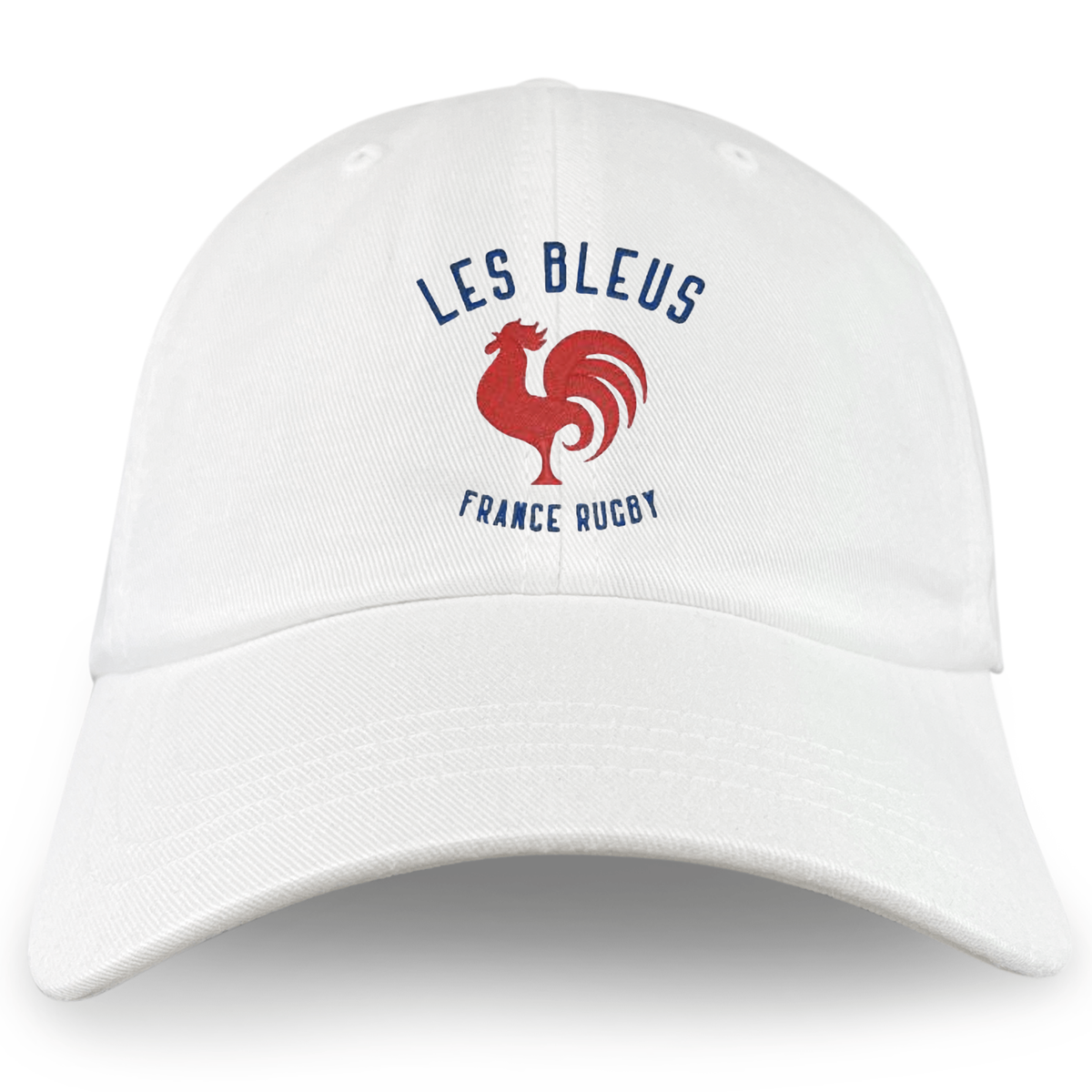 The Les Bleus France Rugby Dad Cap by EMB S&S Activewear is a white cotton twill hat featuring a red rooster and blue "LES BLEUS FRANCE RUGBY" text—a must-have for any France Rugby fan.