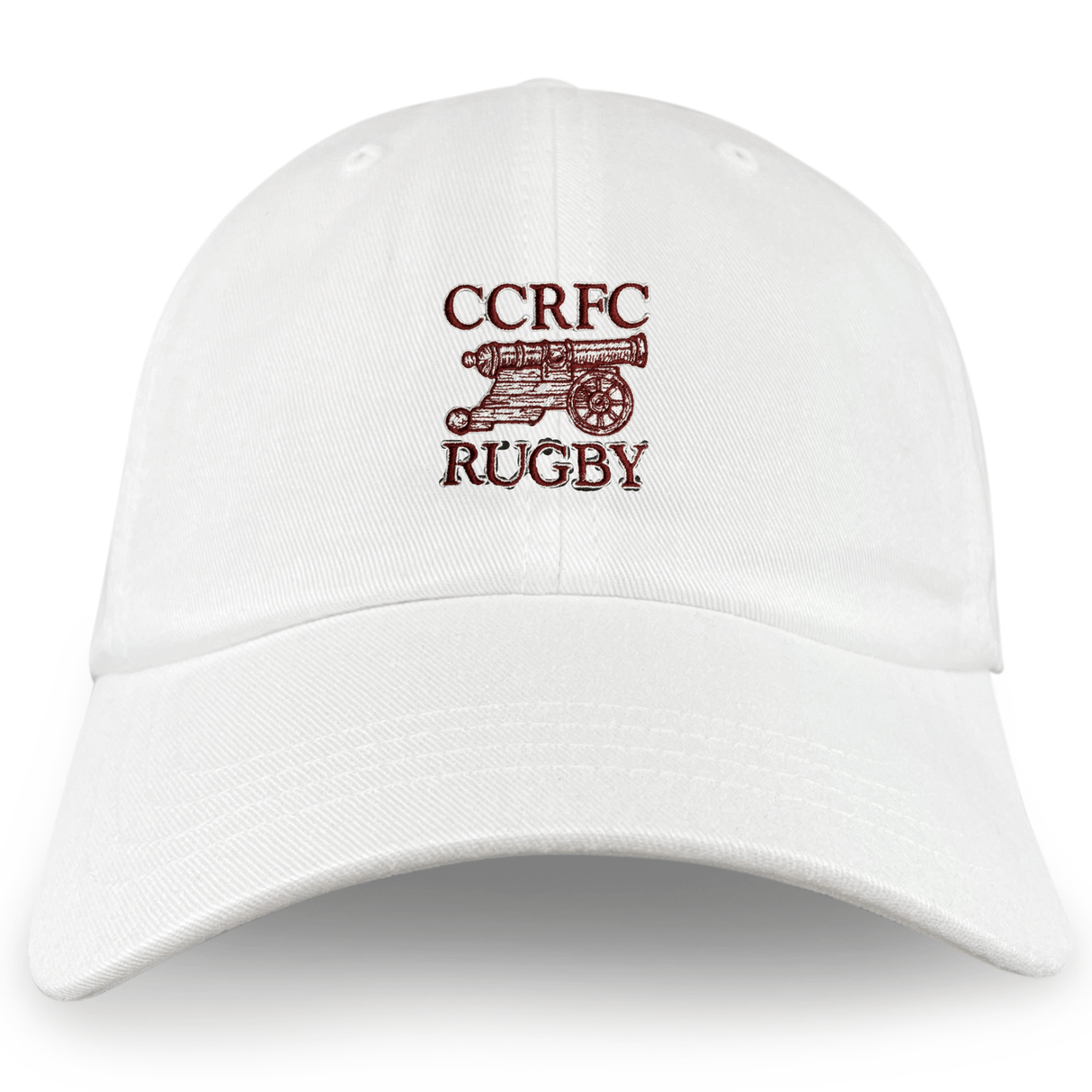 The Concord Carlisle Rugby Adult Low-Profile Cotton Twill Dad Cap by EMB S&S Activewear features premium embroidered "CCRFC RUGBY" text and a cannon in maroon on the front of a classic white dad cap.