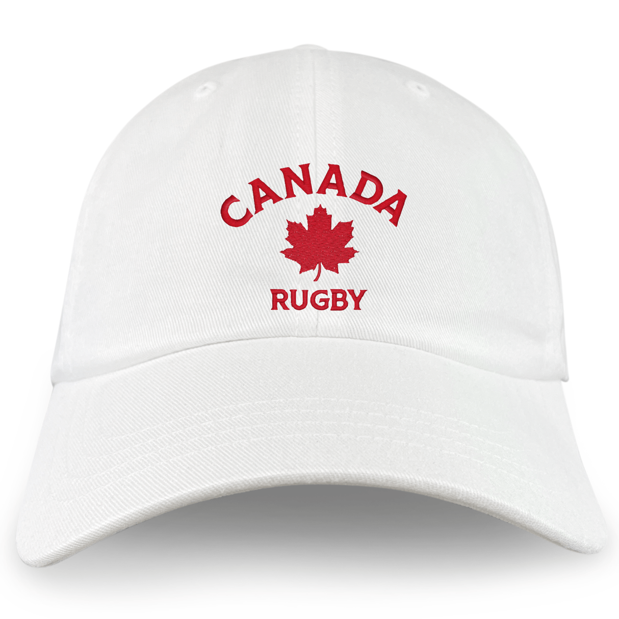 The Nations of Rugby Canada Rugby Dad Cap by EMB S&S Activewear features "CANADA RUGBY" and a red maple leaf embroidered on the front—an ideal addition to any rugby hat collection.