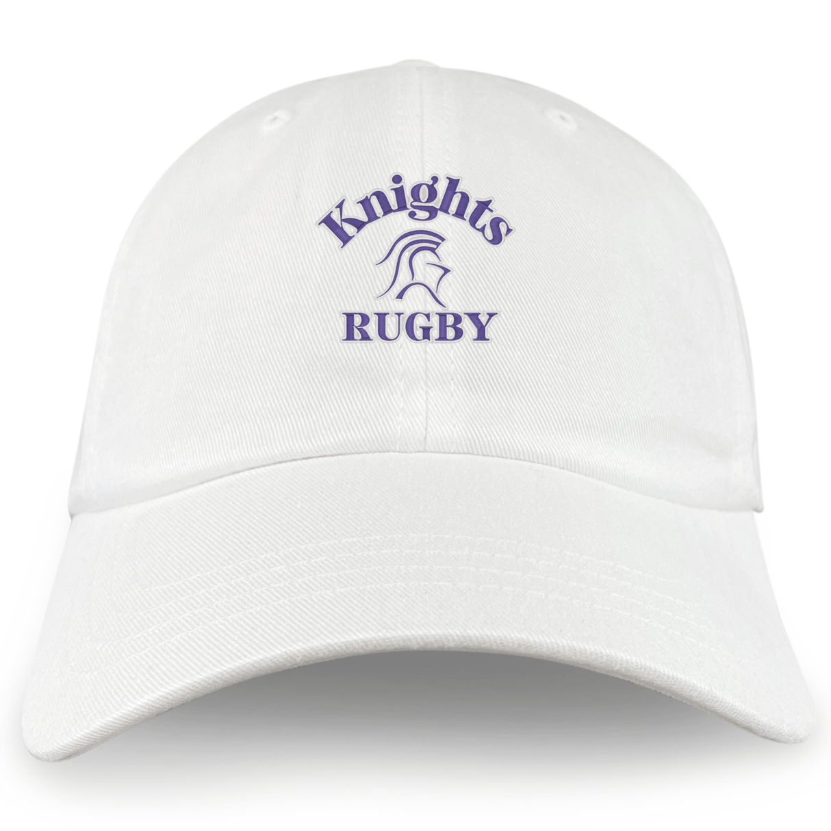The Ardrey Kell Rugby Adult Low-Profile Cotton Twill Dad Cap by EMB S&S Activewear features "Knights Rugby" and a helmet logo in bold purple embroidery on the front.