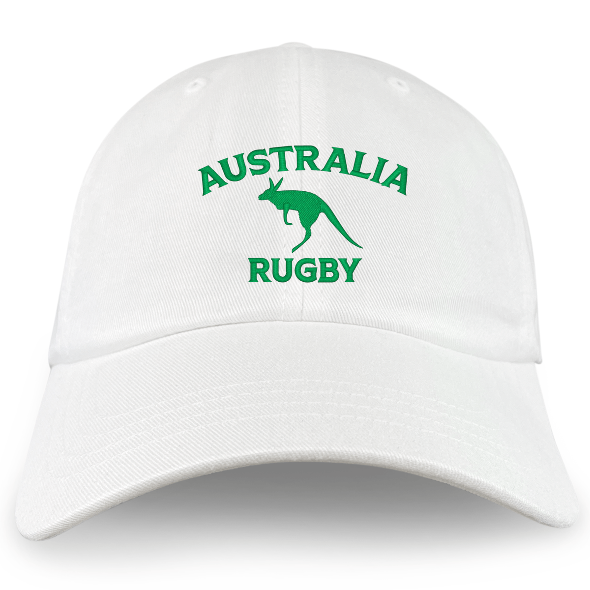 The EMB S&S Activewear Nations of Rugby Australia Dad Cap features a white cotton twill build with green “AUSTRALIA RUGBY” text and a kangaroo graphic embroidered on the front—perfect for rugby fans.